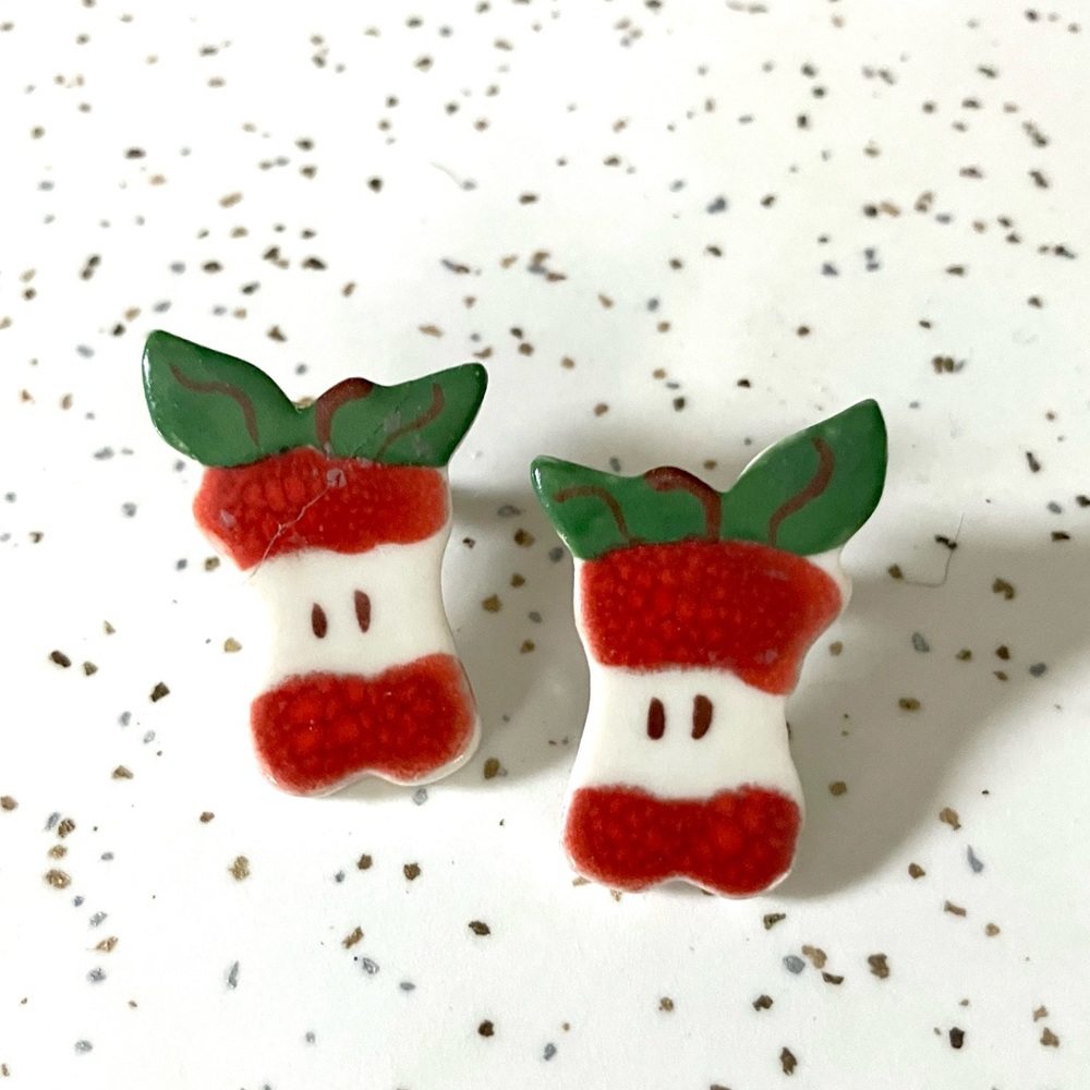 Vintage 80’s handmade ceramic apple core earrings